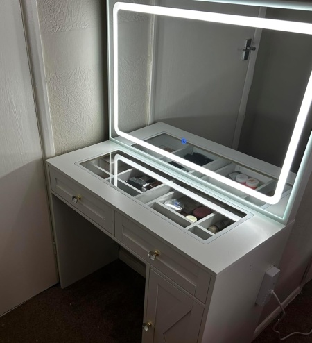 Masuta machiaj cu Oglinda LED si 2 Sertare pentru Cosmetice, Set Masa toaleta 90 cm, Alb, masuta cosmetica, vanity - SEA498 - Img 4