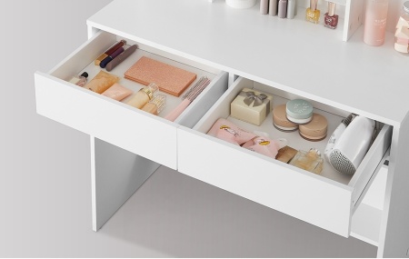 Masuta machiaj cu Oglinda LED si 2 Sertare pentru Cosmetice, Set Masa toaleta 90 cm, Alb, masuta cosmetica, vanity cu sau fara Priza, cu sau fara Scaun - SEA81 - Img 9