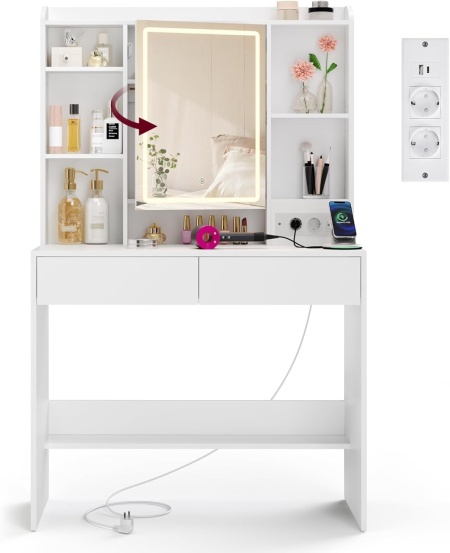 Masuta machiaj cu Oglinda LED si 2 Sertare pentru Cosmetice, Set Masa toaleta 90 cm, Alb, masuta cosmetica, vanity cu sau fara Priza, cu sau fara Scaun - SEA81 - Img 11
