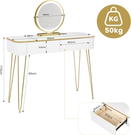 Masuta machiaj cu Oglinda LED si 2 Sertare pentru Cosmetice, Set Masa toaleta 100 cm, Alb, masuta cosmetica, vanity - SEA471 - Img 6