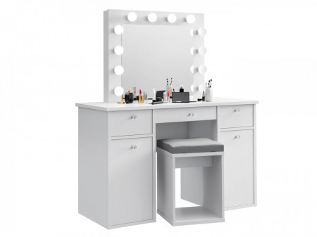 Masuta machiaj cu Oglinda LED si 3 Sertare pentru Cosmetice, Set Masa toaleta 120 cm, Alb, masuta cosmetica, vanity - SEA537 - Img 6