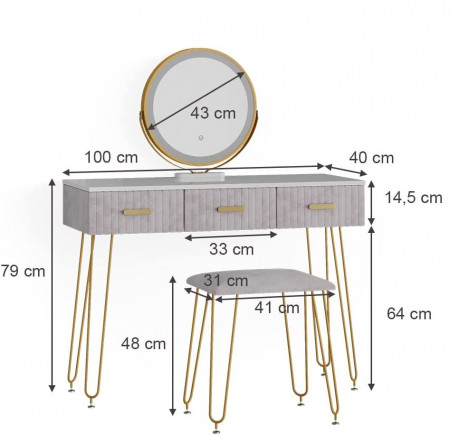 Masuta machiaj cu Oglinda LED si 3 Sertare pentru Cosmetice, Set Masa toaleta 100 cm, Alb, masuta cosmetica, vanity - SEA395 - Img 6