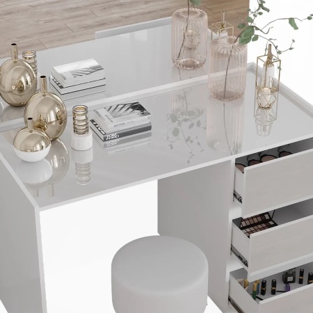 Masuta machiaj cu Oglinda LED si 3 Sertare pentru Cosmetice, Set Masa toaleta 120 cm, Alb Lucios, masuta cosmetica, vanity - SEA805 - Img 3