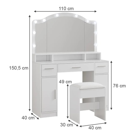 Masuta machiaj cu Oglinda LED si 3 Sertare pentru Cosmetice, Set Masa toaleta 110 cm, Alb, masuta cosmetica, vanity - SEA809 - Img 3