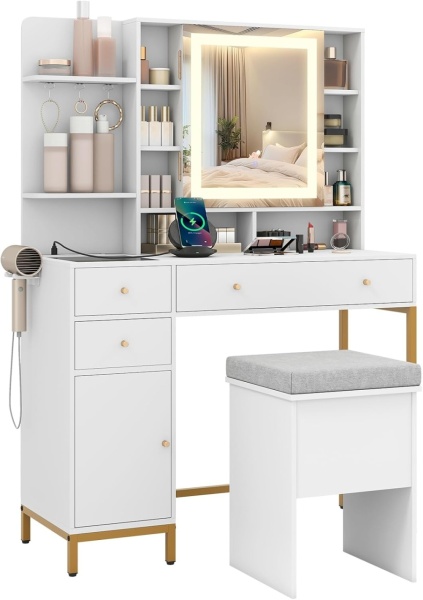 Masuta machiaj cu Oglinda LED si 3 Sertare pentru Cosmetice, Set Masa toaleta 98 cm, Alb, masuta cosmetica, vanity - SEA828 - Img 3