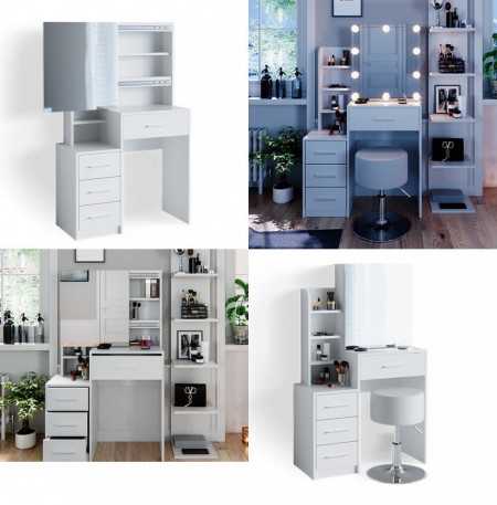 Masuta machiaj cu Oglinda LED si 4 Sertare pentru Cosmetice, Set Masa toaleta 80 cm, Alb, masuta cosmetica, vanity - SEA387 - Img 6