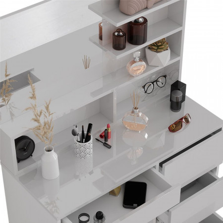 Masuta machiaj cu Oglinda LED si 4 Sertare pentru Cosmetice, Set Masa toaleta 90 cm, Alb Lucios, masuta cosmetica, vanity - SEA467 - Img 5