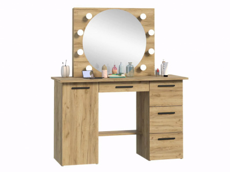 Masuta machiaj cu Oglinda LED si 4 Sertare pentru Cosmetice, Set Masa toaleta 120 cm, Stejar, masuta cosmetica, vanity - SEM514 - Img 5