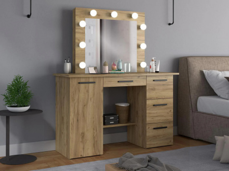 Masuta machiaj cu Oglinda LED si 4 Sertare pentru Cosmetice, Set Masa toaleta 120 cm, Stejar, masuta cosmetica, vanity - SEM516 - Img 6