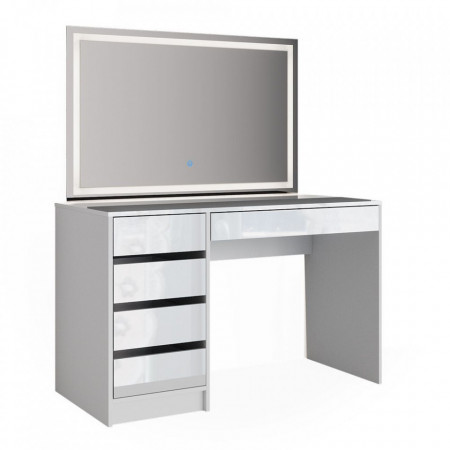 Masuta machiaj cu Oglinda LED si 5 Sertare pentru Cosmetice, Set Masa toaleta 120 cm, Alb Lucios, masuta cosmetica, vanity - SEA902 - Img 8