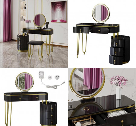 Masuta machiaj cu Oglinda LED si 5 Sertare pentru Cosmetice, Set Masa toaleta 100 cm, Negru, masuta cosmetica, vanity - SEN243 - Img 3
