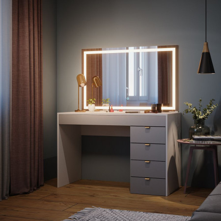 Masuta machiaj cu Oglinda LED si 5 Sertare pentru Cosmetice, Set Masa toaleta 115 cm, Alb, masuta cosmetica, vanity - SEA447 - Img 4