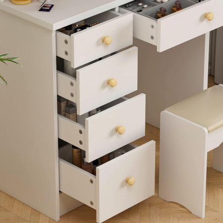 Masuta machiaj cu Oglinda LED si 5 Sertare pentru Cosmetice, Set Masa toaleta 80 cm, Alb, masuta cosmetica, vanity - SEA452 - Img 4