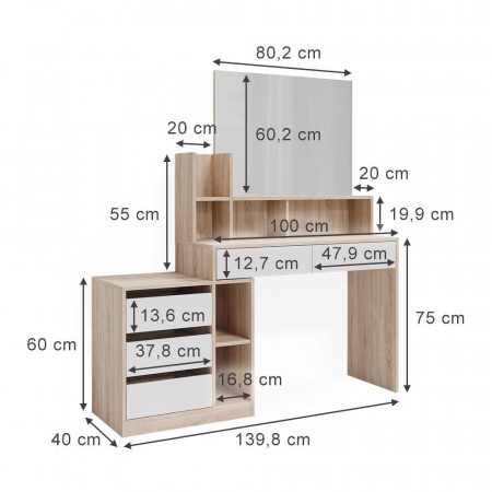 Masuta machiaj cu Oglinda LED si 5 Sertare pentru Cosmetice, Set Masa toaleta 140 cm, Alb, masuta cosmetica, vanity - SEM237 - Img 7