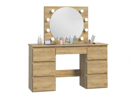 Masuta machiaj cu Oglinda LED si 5 Sertare pentru Cosmetice, Set Masa toaleta 120 cm, Stejar, masuta cosmetica, vanity - SEM532 - Img 4