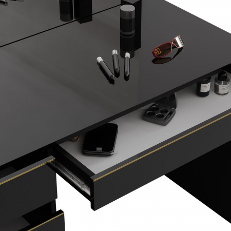 Masuta machiaj cu Oglinda LED si 5 Sertare pentru Cosmetice, Set Masa toaleta 120 cm, Negru, masuta cosmetica, vanity - SEN253 - Img 5