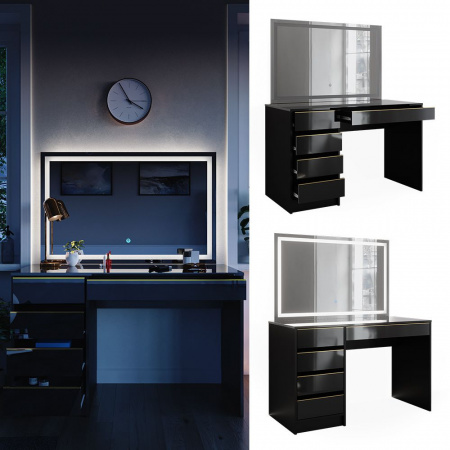 Masuta machiaj cu Oglinda LED si 5 Sertare pentru Cosmetice, Set Masa toaleta 120 cm, Negru, masuta cosmetica, vanity - SEN254 - Img 7