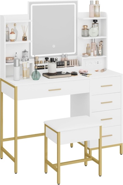 Masuta machiaj cu Oglinda LED si 5 Sertare pentru Cosmetice, Set Masa toaleta 108 cm, Alb, masuta cosmetica, vanity - SEA483 - Img 3