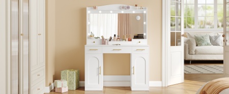 Masuta machiaj cu Oglinda LED si 5 Sertare pentru Cosmetice, Set Masa toaleta 108 cm, Alb, masuta cosmetica, vanity - SEA911 - Img 2