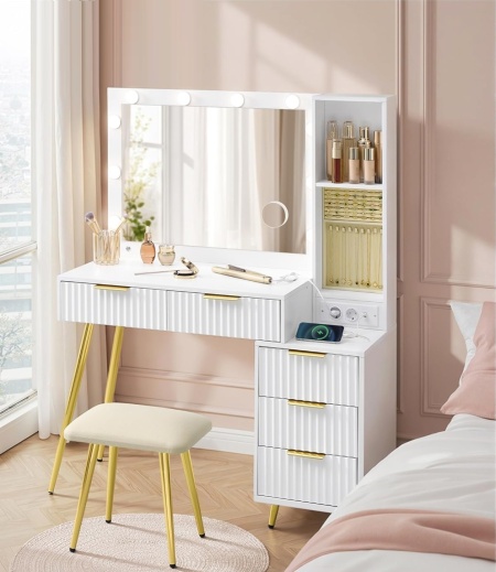 Masuta machiaj cu Oglinda LED si 5 Sertare pentru Cosmetice, Set Masa toaleta 110 cm, Alb, masuta cosmetica, vanity - SEA823 - Img 2