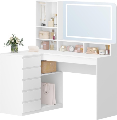 Masuta machiaj cu Oglinda LED si 5 Sertare pentru Cosmetice, Set Masa toaleta 120 cm, Alb, masuta cosmetica, vanity - SEA32 - Img 4
