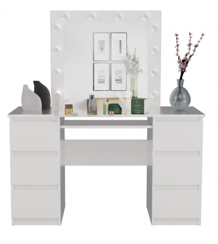 Masuta machiaj cu Oglinda LED si 6 Sertare pentru Cosmetice, Set Masa toaleta 130 cm, Alb, masuta cosmetica, vanity - SEA542 - Img 3