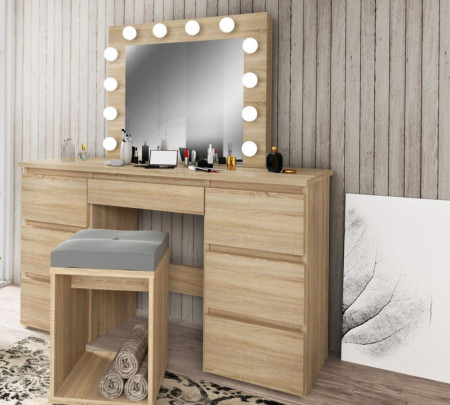 Masuta machiaj cu Oglinda LED si 7 Sertare pentru Cosmetice, Set Masa toaleta 120 cm, masuta cosmetica, vanity - SEM507 - Img 2