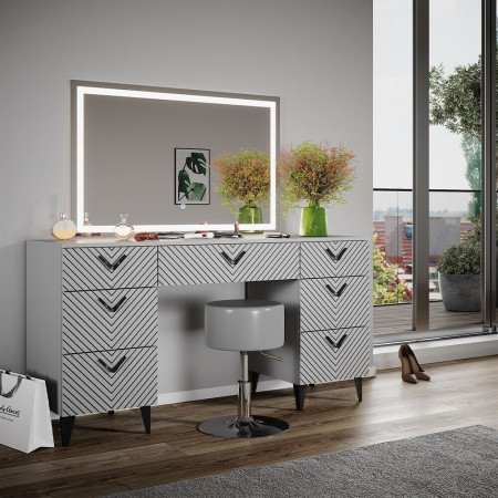 Masuta machiaj cu Oglinda LED si 7 Sertare pentru Cosmetice, Set Masa toaleta 150 cm, Gri, masuta cosmetica, vanity - SEG214 - Img 7