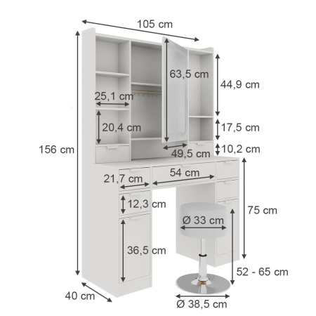 Masuta machiaj cu Oglinda LED si 7 Sertare pentru Cosmetice, Set Masa toaleta 105 cm, Alb, masuta cosmetica, vanity - SEA810 - Img 6