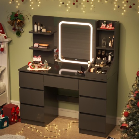 Masuta machiaj cu Oglinda LED si 7 Sertare pentru Cosmetice, Set Masa toaleta 110 cm, Alb / Negru / Roz, masuta cosmetica, vanity - SEA820 - Img 2