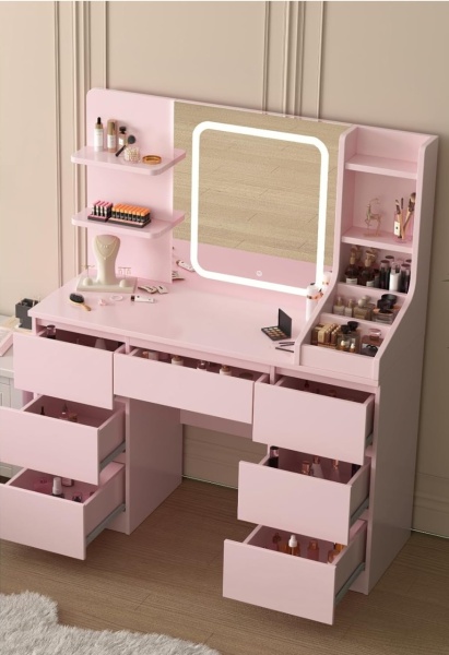 Masuta machiaj cu Oglinda LED si 7 Sertare pentru Cosmetice, Set Masa toaleta 110 cm, Alb / Negru / Roz, masuta cosmetica, vanity - SEA820 - Img 11