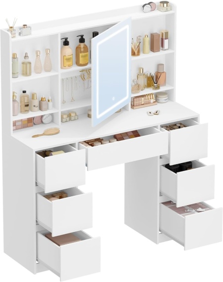 Masuta machiaj cu Oglinda LED si 7 Sertare pentru Cosmetice, Set Masa toaleta 108 cm, Alb, masuta cosmetica, vanity - SEA4 - Img 4