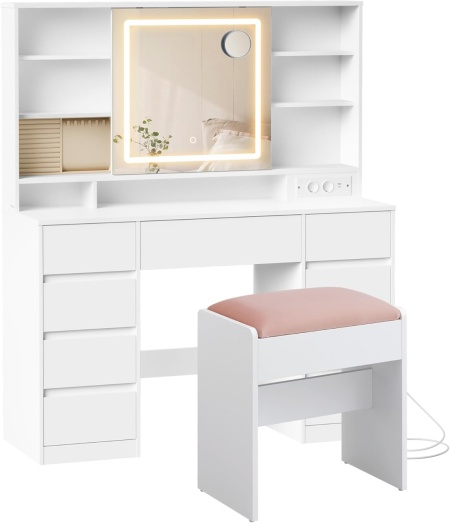 Masuta machiaj cu Oglinda LED si 9 Sertare pentru Cosmetice, Set Masa toaleta 110 cm, Alb, masuta cosmetica, vanity - SEA822 - Img 6