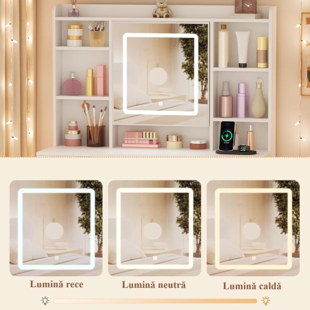 Masuta machiaj cu Oglinda LED si 9 Sertare pentru Cosmetice, Set Masa toaleta 110 cm, Alb, masuta cosmetica, vanity - SEA824 - Img 8