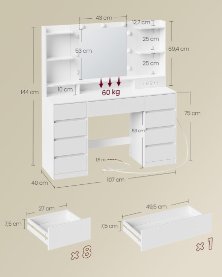 Masuta machiaj cu Oglinda LED si 9 Sertare pentru Cosmetice, Set Masa toaleta 107 cm, Alb, masuta cosmetica, vanity - SEA15 - Img 2