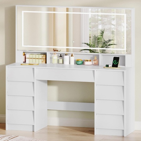Masuta machiaj cu Oglinda LED si 9 Sertare pentru Cosmetice, Set Masa toaleta 109 cm, Alb, masuta cosmetica, vanity - SEA19 - Img 5