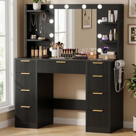 Masuta machiaj cu Oglinda LED si 9 Sertare pentru Cosmetice, Set Masa toaleta 108 cm, Alba sau Neagra cu Riflaj, masuta cosmetica cu Prize, USB, USB-C si Suport Uscator de Par, Suport Bijuterii vanity - SEA202 - Img 2