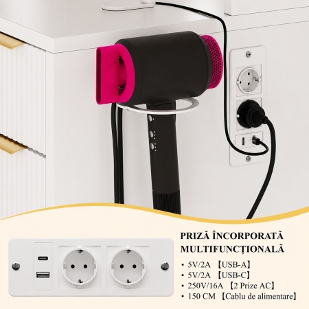 Masuta machiaj cu Oglinda LED si 9 Sertare pentru Cosmetice, Set Masa toaleta 108 cm, Alba sau Neagra cu Riflaj, masuta cosmetica cu Prize, USB, USB-C si Suport Uscator de Par, Suport Bijuterii vanity - SEA202 - Img 9