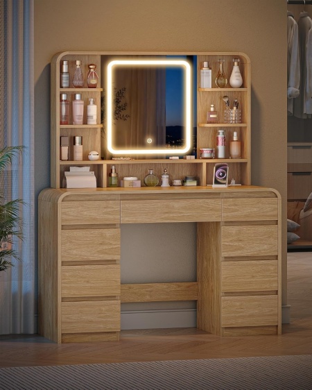 Masuta machiaj cu Oglinda LED si 9 Sertare pentru Cosmetice, Set Masa toaleta 108 cm, cu Priza si USB, masuta cosmetica Maro, vanity cu Rafturi - SEM1 - Img 2