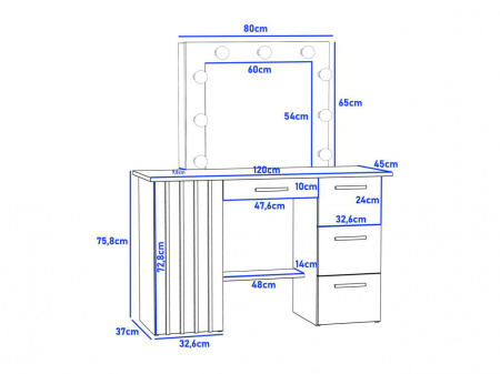 Masuta machiaj culoarea Stejar, cu Oglinda LED si 4 Sertare pentru Cosmetice, Set Masa toaleta 120 cm, Stejar, masuta vanity cu Riflaj, cosmetica - SEM535 - Img 2
