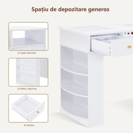 Masuta manichiura alba, 120 cm, cu aspirator incorporat, 3 Prize, 4 Sertare, masa cosmetica cu Rafturi - MANIA205 - Img 5
