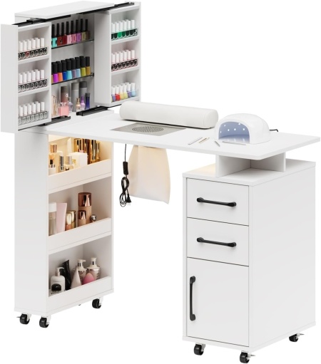 Masuta manichiura Alba / Roz / Neagra, 108 cm, birou cu LED, masa cosmetica pentru salon cu Aspirator Incorporat, Pernita si Rafturi deschise - MANIA216 - Img 4