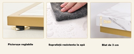 MAU43 - Masa Consola, 105 cm, masuta hol cu rafturi, living, dormitor - Auriu / Alb Imitatie de Marmura - Img 7