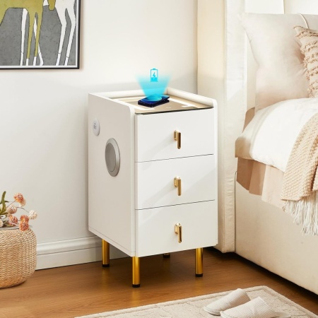NOA1 - Set 2x Noptiere Smart, 30 cm, cu 3 sertare, LED, USB, Bluetooth, Incarcator Wireless, mobilier dormitor - Alb