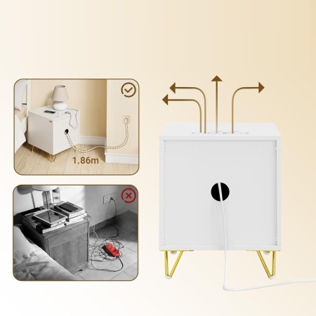 NOA29 - Set 2x Noptiere albe 40x40x47 cm, riflaje, cu sau fara Priza, cu 2 sertare, dormitor - Alb-Auriu - Img 11
