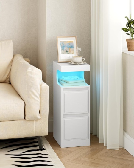 NOA79 - Set 2 Noptiere, 24 cm, foarte inguste, cu LED, 2 Sertare si Raft - Alb - Img 3