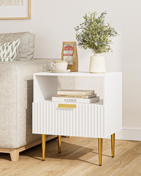 NOA81 - Set 2 Noptiere albe 50 cm, cu 1 sertar si 1 Raft, dormitor - Alb-Auriu - Img 7