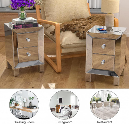 NOOG6 - Set 2 Noptiere 30 cm, cu 2 sertare, dormitor - Oglinda - Argintiu