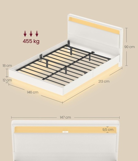 PAA2 - Pat tapitat, 140 / 160 x 200 cm cu USB, USB-C, LED, si Raft - Alb Piele Ecologica - Img 3