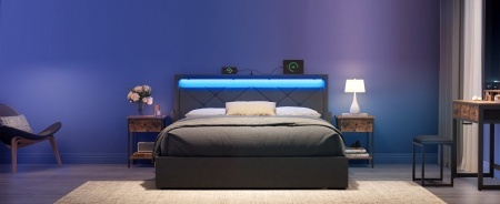 PAG2 - Pat tapitat, 140 sau 160 x 200 cm, cu 4 Sertare, LED, USB si USB-C, Organizatoare Carti - Gri - Img 11